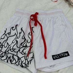 Kill Crew White Shorts with Red and Black Flame Design